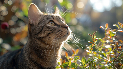 A tabby cat curiously inspecting a miniature soccer goal in a backyard garden.