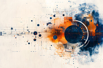 Obraz premium Abstract art with orange and blue hues featuring geometric shapes and splatter effects