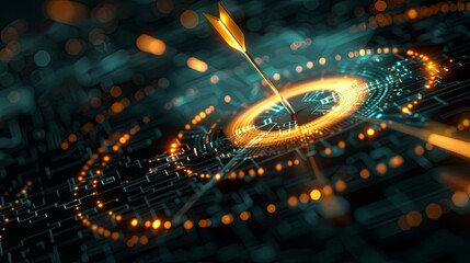 Abstract digital arrow targeting the center of cyber circles