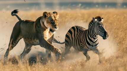 lioness hunting a zebra at high speed in Africa in its daytime habitat