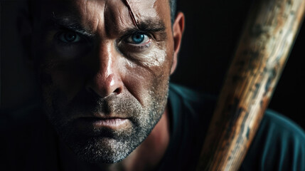 Intense image of a male figure gripping a baseball bat, with a dark, moody atmosphere suggesting suspense or threat