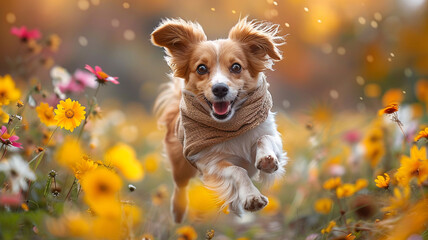 A tiny Papillon dog jumping joyfully through a field of wildflowers, its ears flapping in the breeze.