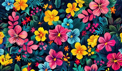 Vibrant tropical floral pattern with colorful hibiscus and foliage