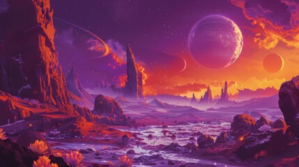 Vibrant alien landscape with towering rock formations under a starry sky and giant moon