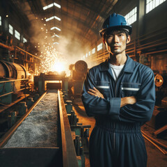 A confident industrial worker standing with crossed arms in a factory, with sparks flying