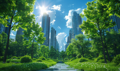 Modern Cityscape With Skyscrapers and Trees