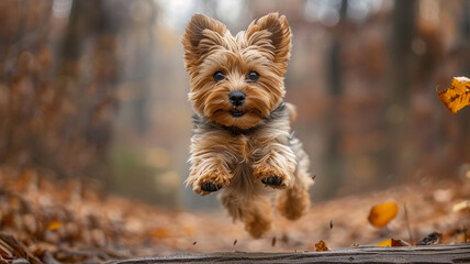 A tiny Yorkshire Terrier bouncing with glee, leaping over a fallen tree branch in a serene woodland clearing.