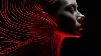 Mysterious silhouette of a woman with vibrant red digital lines