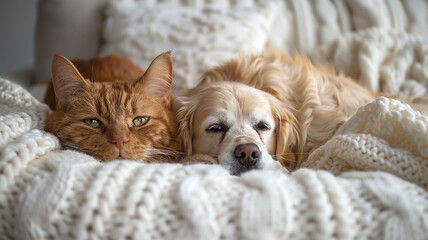 A tranquil white room with a regal Siamese cat lounging on a white armchair, and a loyal golden retriever lying by its side.