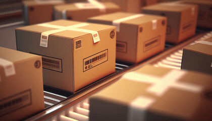 Close-up of cardboard box packages on conveyor belt, hyper realistic background with full bright light.