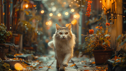 A white cat darting through a city alleyway, illuminated by the glow of streetlights.