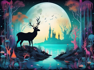 Magic forest with ancient castle, moon, deer and lake