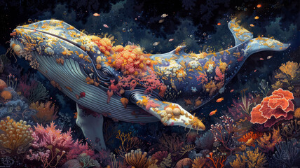 whale, colourful, exquisite detailed, coral, seaweed, fish, patterns, illustration.generative ai