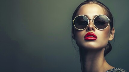 Glamorous young woman with stylish sunglasses and bold red lipstick