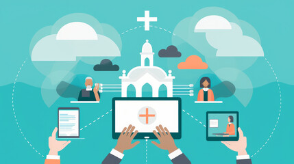 Virtual religious service with prayer icons and digital church.