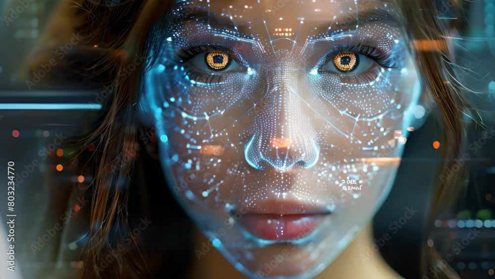 Poster Close-up of a womans face with futuristic digital mapping overlay.
