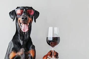 doberman wearing sunglasses and holding a glass of red wine