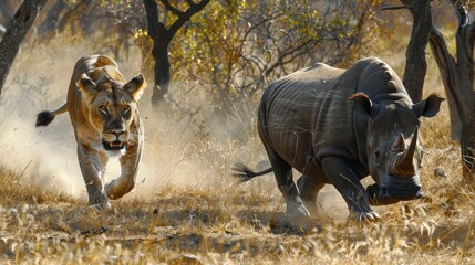 lioness chasing a hunting rhino in its habitat during the day