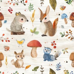 A seamless pattern with cute woodland animals and forest elements.