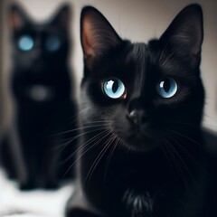 vue de près un magnifique chat noir au yeux bleus , des magnifique détails sur sa fourrure, le chat regarde la caméra, flou à l'arrière