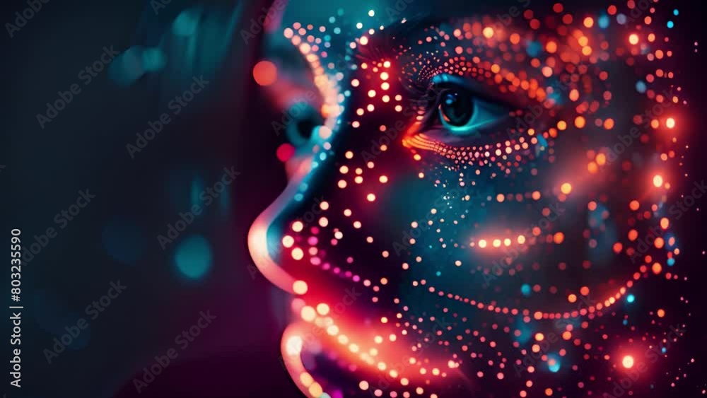Poster close-up of a woman with her face lit by a patterned light display.