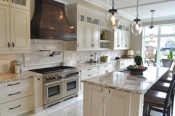 beautiful light white kitchen with golden details and granite countertop