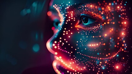 Close-up of a woman with her face lit by a patterned light display. - Powered by Adobe
