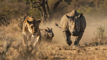rhino chasing a lioness