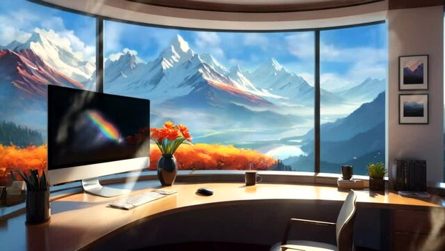 A modern office room with snow mountains view