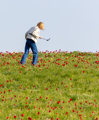 A woman takes a photo of a field with red tulips in spring on her phone