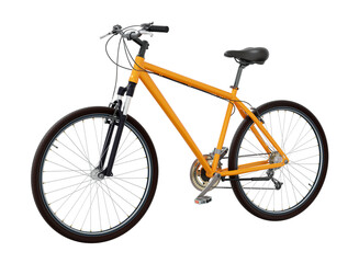Orange bicycle, side front view. Black leather saddle and handles. Png clipart isolated on transparent background