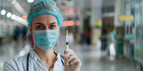 A nurse with a ready-to-use syringe is standing in the hospital corridor.