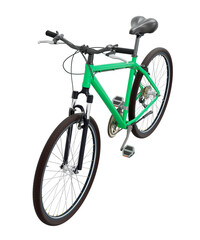 Green bicycle, side top view. Black leather saddle and handles. Png clipart isolated on transparent background