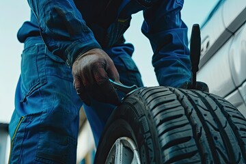 An auto mechanic repairs a hole in a car wheel.