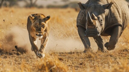 rhino chasing a lioness HUNTING in Africa in its habitat at high speed