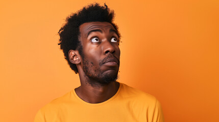 Portrait of a confused puzzled minded African American man in orange top isolated on orange background, with copy space