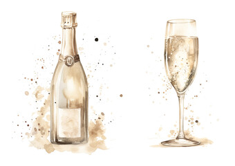 Sparkling champagne bottle and glass illustration