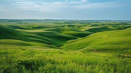 Fototapeta premium The grassy fields and rolling hills of Grasslands National Park in Val Marie, Saskatchewan, Canada, are a vibrant green.