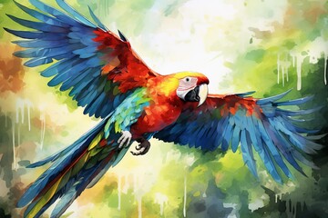 A vibrant watercolor painting of a parrot in flight