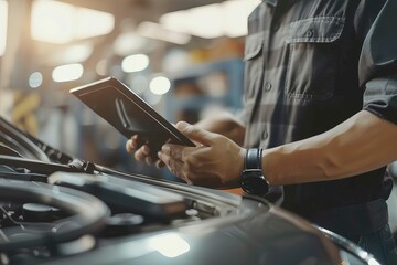 mechanic using tablet for car diagnostics and technical review automotive technology