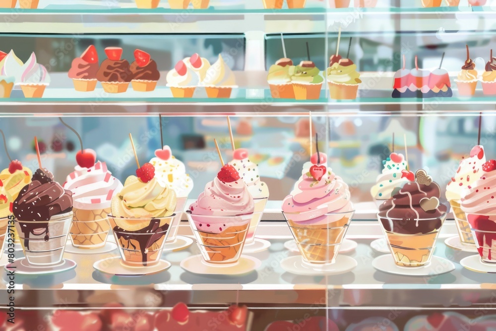 Poster assorted flavors of ice cream displayed in a case. ideal for ice cream shop promotions