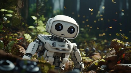 a cute robot exploring a lush alien jungle