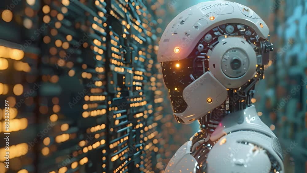 Poster Close-up of an AI robots head profile against a backdrop of glowing data servers.
