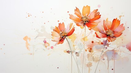 An elegant watercolor painting of orange cosmos flowers