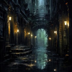 A dark and gloomy alleyway, lit only by a few flickering lanterns