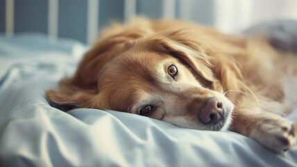 Golden retriever puppy dog gets sick, looks sad No strength, sad eyes 