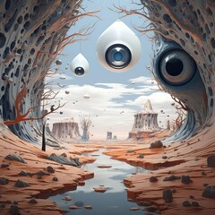 An alien landscape with floating eyes