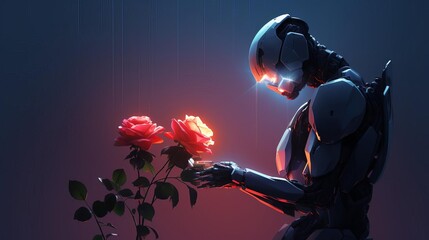 Naklejka premium A lone robot holding a single rose
