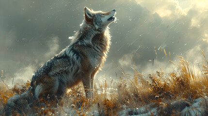 A Coyote Howls in the Distance Its Mournful Cry,
A captivating composition showcasing a lone wolf traversing a rugged wilderness landscape, background image - obrazy, fototapety, plakaty