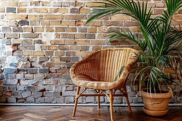 minimalist wooden chair against textured brick wall with lush potted plant interior design